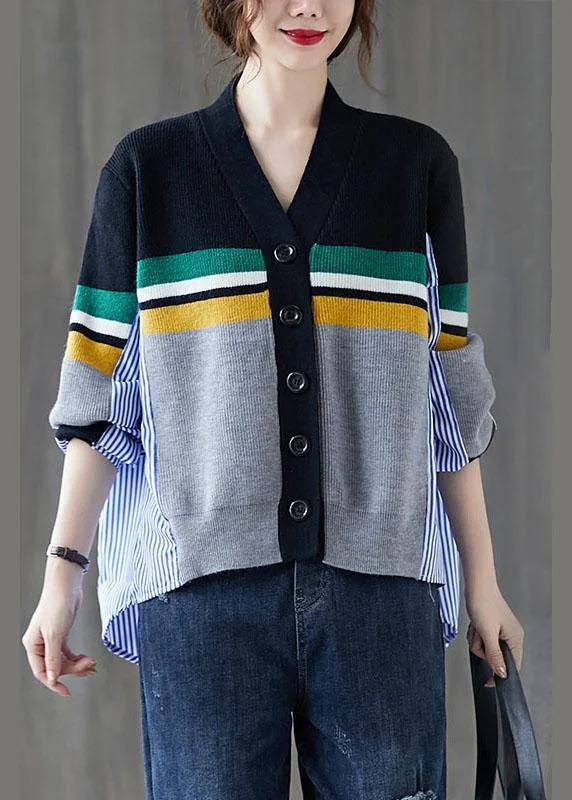 Women's Sequined Trimmed Sweater in Gold for a Glamorous Party LookBlack Patchwork Striped Button asymmetrical design Fall Knit Sweater Women's Sequined Trimmed Sweater in Gold for a Glamorous Party LookBlack Patchwork Striped Button asymmetrical design Fall Knit Sweater