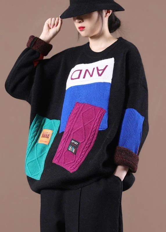 Women's Ribbed Bodycon Sweater in Red for a Sexy and Figure - Hugging LookBohemian Black Colorblock Letter Fall Knit Sweater Women's Ribbed Bodycon Sweater in Red for a Sexy and Figure - Hugging LookBohemian Black Colorblock Letter Fall Knit Sweater