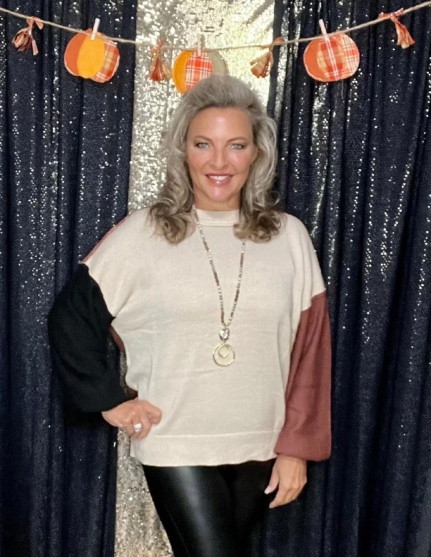 Plus Size Women's Fringe - Trimmed Sweater in Beige for a Boho - Inspired StyleCoffee With Cream Color Block Sweater (IN STOCK) Plus Size Women's Fringe - Trimmed Sweater in Beige for a Boho - Inspired StyleCoffee With Cream Color Block Sweater (IN STOCK)