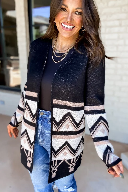 v neck women cardigan to elongate the necklineConfident In Herself Black And Ivory Tribal Cardigan v neck women cardigan to elongate the necklineConfident In Herself Black And Ivory Tribal Cardigan