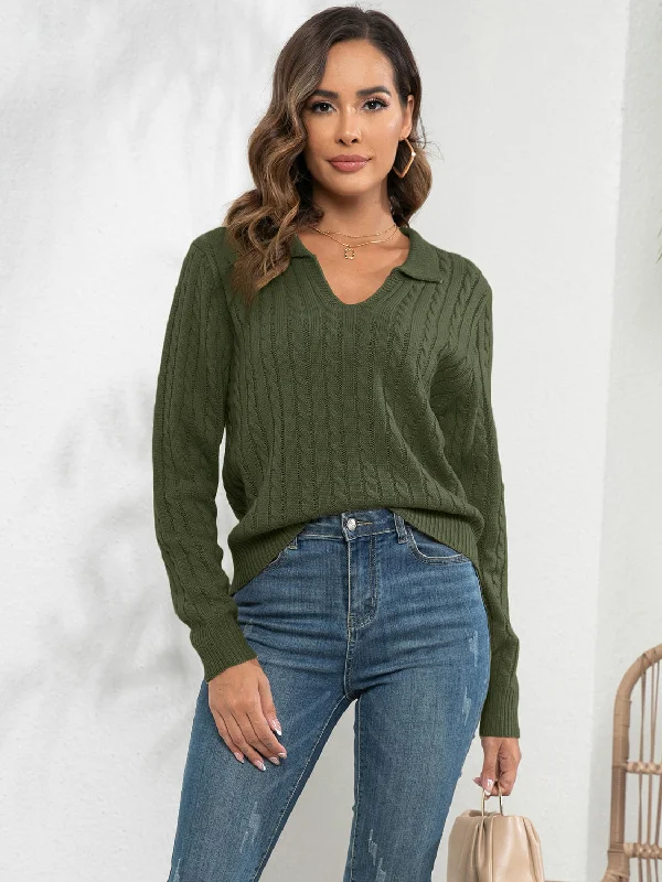 Women's Cable - Knit Sweater Dress in Brown for a Stylish and Comfortable One - Piece OptionJohnny Collar Cable-Knit Long Sleeve Sweater Women's Cable - Knit Sweater Dress in Brown for a Stylish and Comfortable One - Piece OptionJohnny Collar Cable-Knit Long Sleeve Sweater