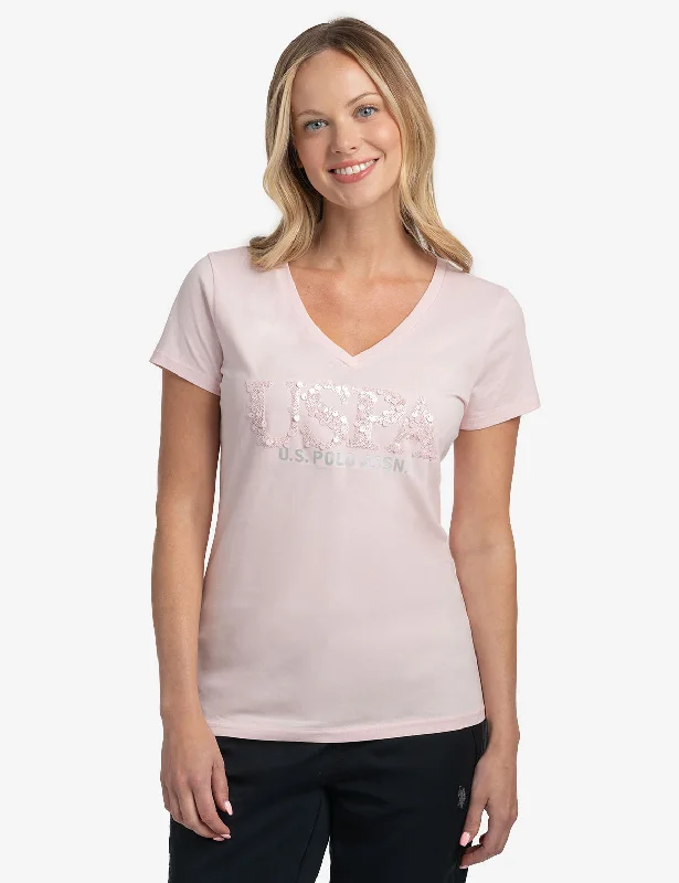 Tie - Dye Women T Shirt with a Bohemian VibeMIXED SEQUINS V-NECK JERSEY T-SHIRT