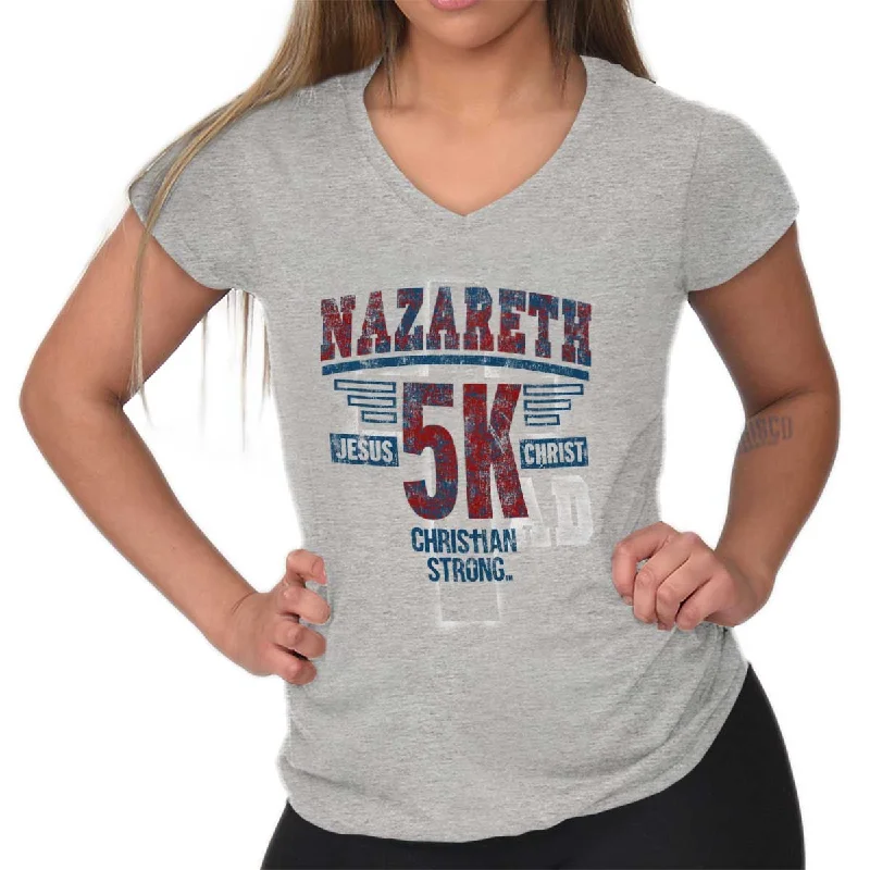 Floral Print Women T Shirt for a Feminine TouchNazareth 5k Christian Junior Fit V-Neck T-Shirt Floral Print Women T Shirt for a Feminine TouchNazareth 5k Christian Junior Fit V-Neck T-Shirt