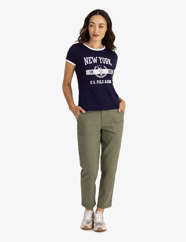 Plus Size Women T Shirt for a Comfortable and Flattering FitNEW YORK FOIL RINGER JERSEY T-SHIRT Plus Size Women T Shirt for a Comfortable and Flattering FitNEW YORK FOIL RINGER JERSEY T-SHIRT