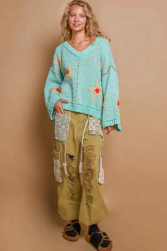Plus Size Women's Pocket - Detail Sweater in Olive Green for a Practical and Fashionable PieceOversized Mint V-Neck Sweater Plus Size Women's Pocket - Detail Sweater in Olive Green for a Practical and Fashionable PieceOversized Mint V-Neck Sweater