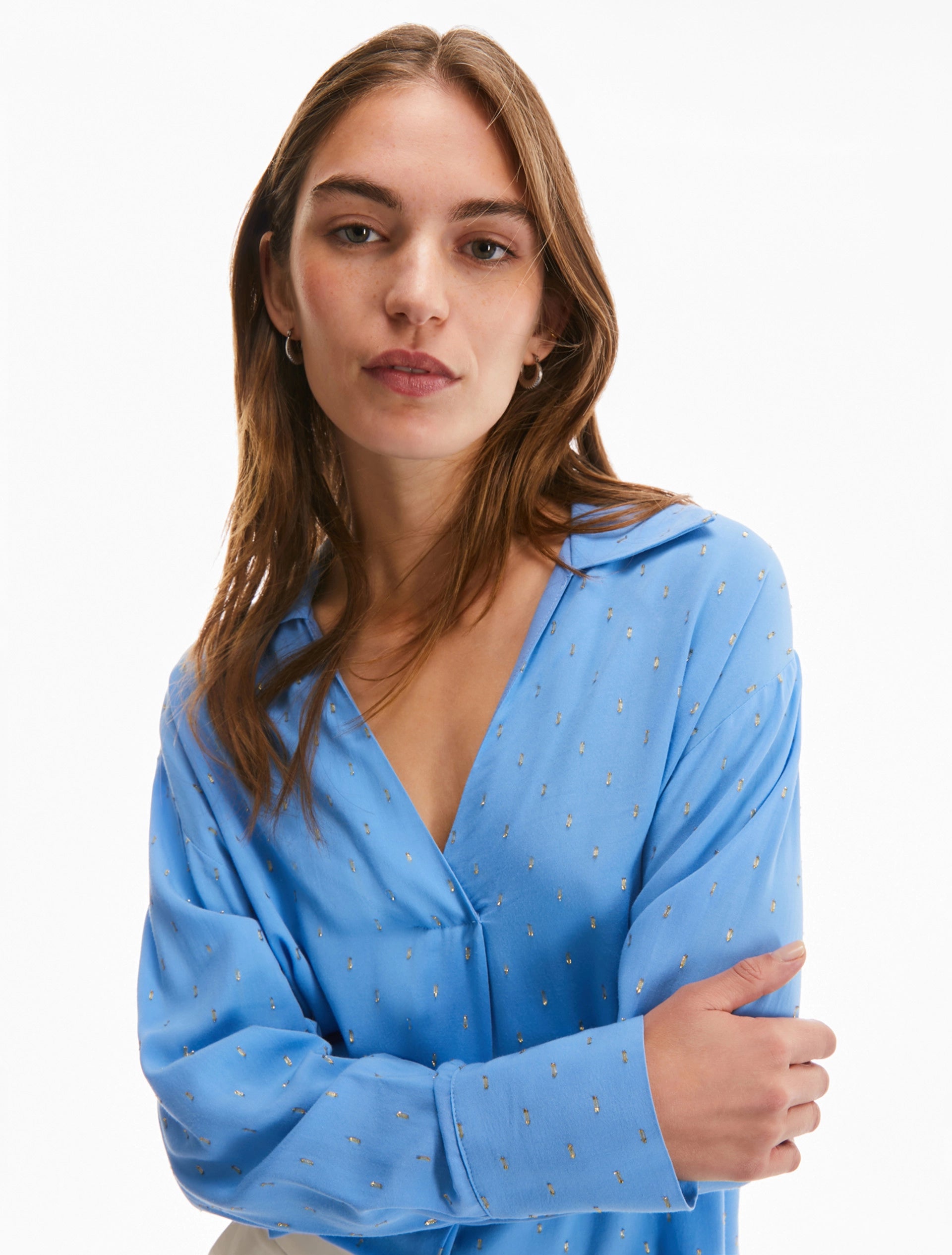 Women's Longline Boyfriend - Style Sweater in Gray for a Relaxed and Casual OutfitPENNYBLACK Blue Gold Fleck Camicia Shirt Women's Longline Boyfriend - Style Sweater in Gray for a Relaxed and Casual OutfitPENNYBLACK Blue Gold Fleck Camicia Shirt
