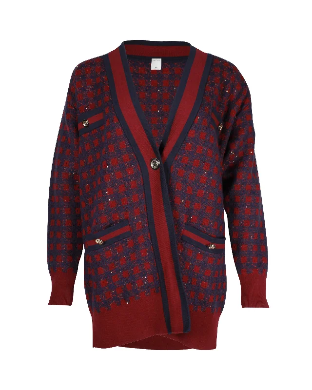 cable knit women cardigan with intricate patternsSandro Paris Margot Check Sequin Oversized Cardigan in Maroon and Navy Cotton Blend cable knit women cardigan with intricate patternsSandro Paris Margot Check Sequin Oversized Cardigan in Maroon and Navy Cotton Blend