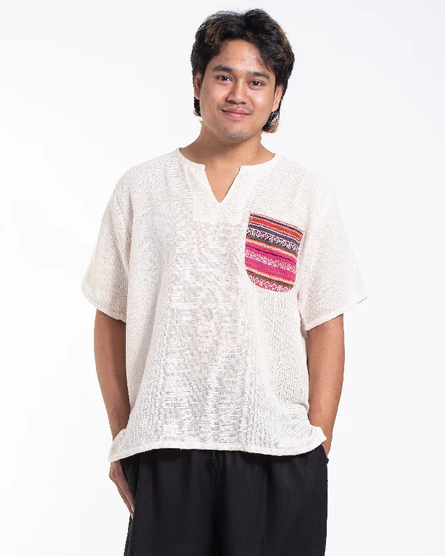 Striped Women T Shirt in a Classic PatternUnisex Woven Cotton Shirt with Tribal Pocket in White Striped Women T Shirt in a Classic PatternUnisex Woven Cotton Shirt with Tribal Pocket in White