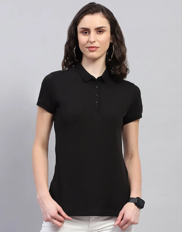 Crop Top Women T Shirt to Pair with High - Waisted BottomsWomen Black Solid Polo Collar Half Sleeve T Shirt Crop Top Women T Shirt to Pair with High - Waisted BottomsWomen Black Solid Polo Collar Half Sleeve T Shirt