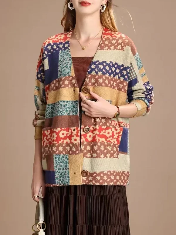 boyfriend style women cardigan for a relaxed fitWomen Flower Patch Spliced Winter Cardigan Sweater boyfriend style women cardigan for a relaxed fitWomen Flower Patch Spliced Winter Cardigan Sweater