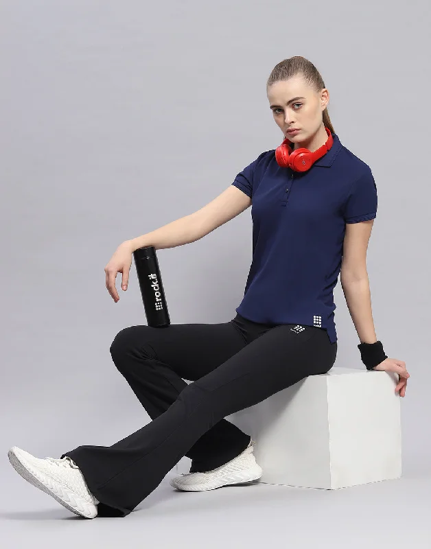 Embroidered Women T Shirt with Intricate DetailsWomen Navy Blue Solid Polo Collar Half Sleeve T-Shirt Embroidered Women T Shirt with Intricate DetailsWomen Navy Blue Solid Polo Collar Half Sleeve T-Shirt