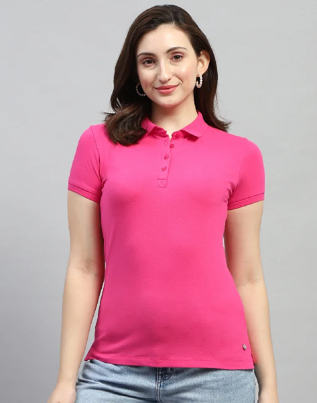 Ringer T Shirt Women with Retro - Inspired StripesWomen Pink Solid Polo Collar Half Sleeve T Shirt Ringer T Shirt Women with Retro - Inspired StripesWomen Pink Solid Polo Collar Half Sleeve T Shirt