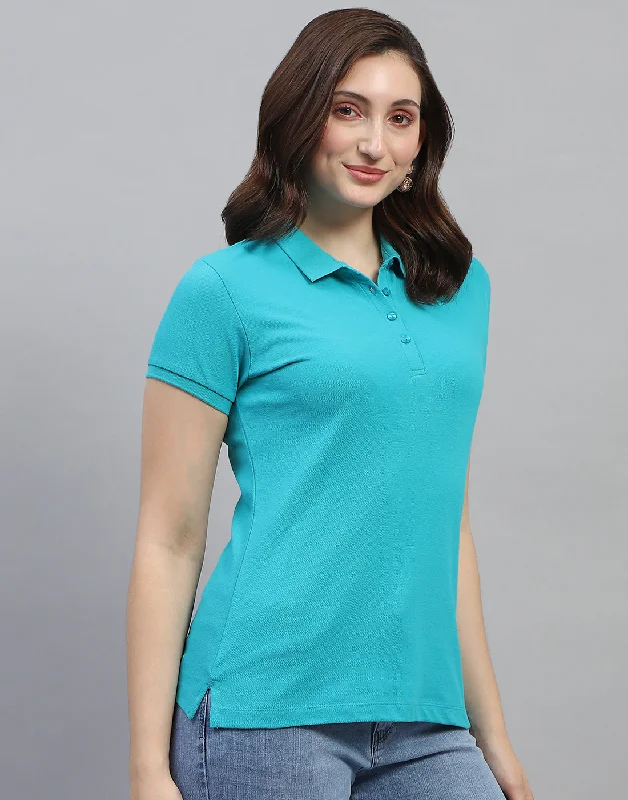 Plus Size Women T Shirt for a Comfortable and Flattering FitWomen Turquoise Blue Solid Collar Neck Half Sleeve T Shirt Plus Size Women T Shirt for a Comfortable and Flattering FitWomen Turquoise Blue Solid Collar Neck Half Sleeve T Shirt