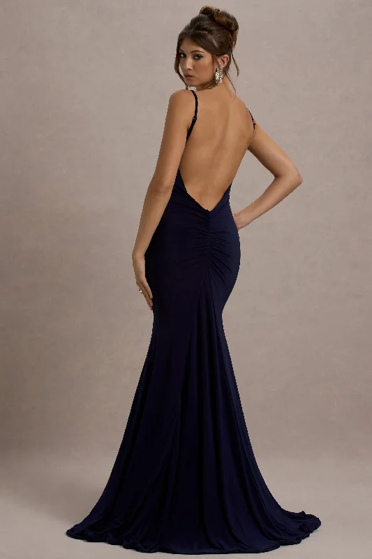Printed Abstract Women Dress for a Modern and Artistic AppealAdele | Navy Backless Ruched Fishtail Cami Maxi Dress Printed Abstract Women Dress for a Modern and Artistic AppealAdele | Navy Backless Ruched Fishtail Cami Maxi Dress