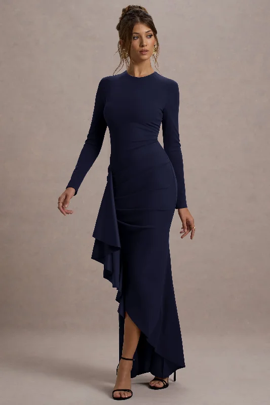 Sleeveless Women Dress in Bright Colors for Summer PartiesAlayna | Navy Long-Sleeve Maxi Dress With Ruffled Split Sleeveless Women Dress in Bright Colors for Summer PartiesAlayna | Navy Long-Sleeve Maxi Dress With Ruffled Split