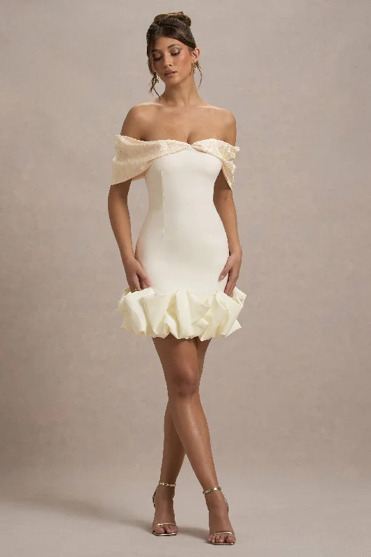 Ball Gown Women Dress with a Full Skirt for a Princess - like LookAlegre | Ecru Jacquard Bardot Mini Dress With Ruffle Hem Ball Gown Women Dress with a Full Skirt for a Princess - like LookAlegre | Ecru Jacquard Bardot Mini Dress With Ruffle Hem