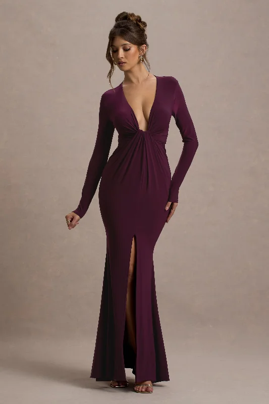Sheath Women Dress with a Tailored Fit for a Professional LookAluna | Plum Plunge-Neck Twisted Split Maxi Dress Sheath Women Dress with a Tailored Fit for a Professional LookAluna | Plum Plunge-Neck Twisted Split Maxi Dress