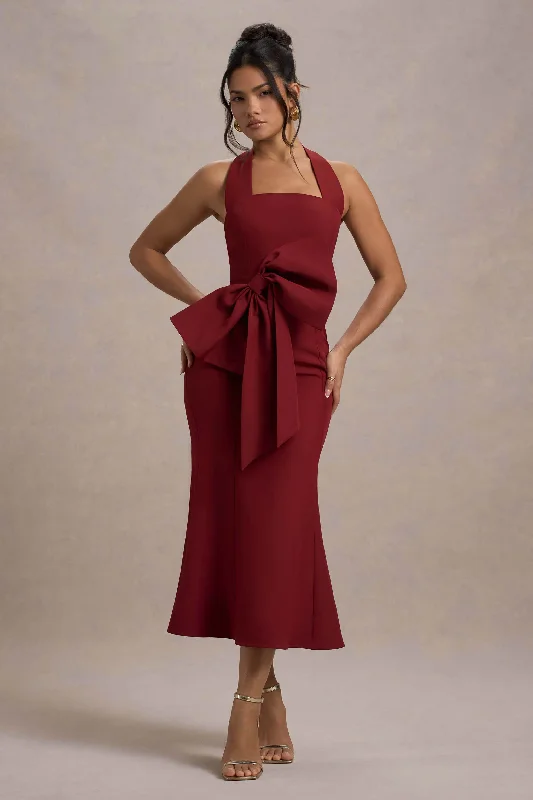Empire Waist Women Dress to Accentuate the Bust and Conceal the WaistAman | Berry Halter-Neck Midi Dress With Oversized Bow Empire Waist Women Dress to Accentuate the Bust and Conceal the WaistAman | Berry Halter-Neck Midi Dress With Oversized Bow