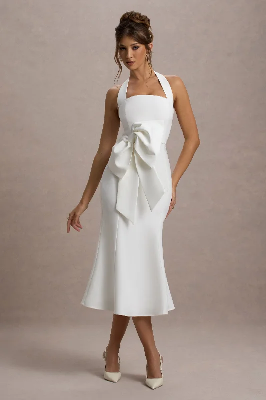 Mermaid - Style Women Dress with a Fitted Silhouette for Special OccasionsAman | White Halter-Neck Midi Dress With Oversized Bow Mermaid - Style Women Dress with a Fitted Silhouette for Special OccasionsAman | White Halter-Neck Midi Dress With Oversized Bow