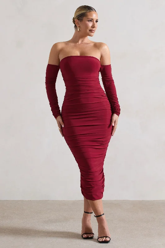 Strapless Women Dress with a Built - in Bra for Comfort and SupportAnissa | Berry Ruched Bardot Midi Dress Strapless Women Dress with a Built - in Bra for Comfort and SupportAnissa | Berry Ruched Bardot Midi Dress