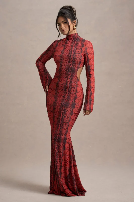Maxi Women Dress with Floral Print for a Bohemian VibeArabia | Red Snake Print High-Neck Cut-Out Maxi Dress Maxi Women Dress with Floral Print for a Bohemian VibeArabia | Red Snake Print High-Neck Cut-Out Maxi Dress