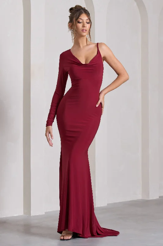 Halter Neck Women Dress to Show Off the Shoulders and NecklineAt Dusk | Berry Red One-Sleeved Cowl-Neck Fishtail Maxi Dress Halter Neck Women Dress to Show Off the Shoulders and NecklineAt Dusk | Berry Red One-Sleeved Cowl-Neck Fishtail Maxi Dress