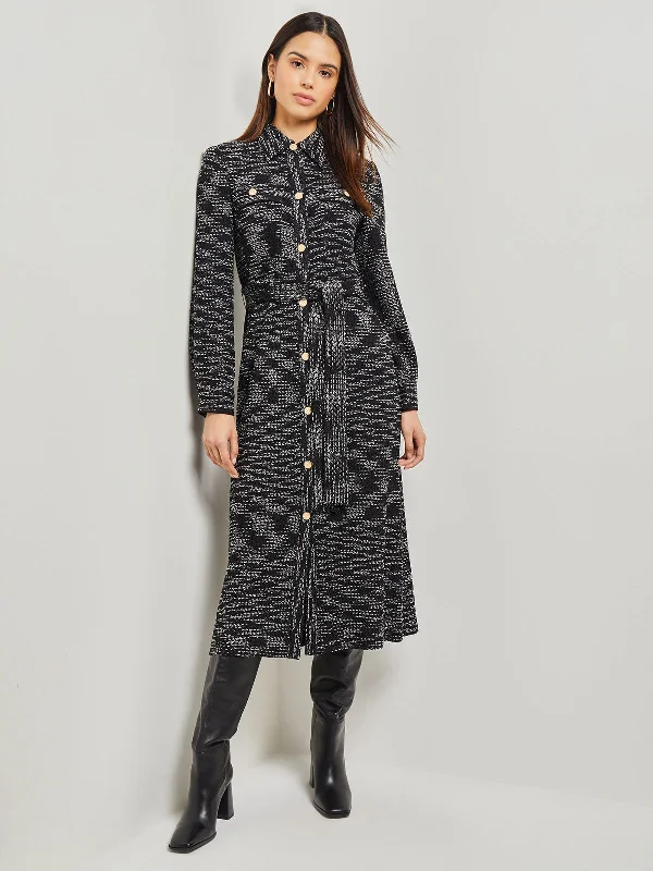 Ball Gown Women Dress with a Full Skirt for a Princess - like LookBelted Button Front Tweed Knit Midi Dress