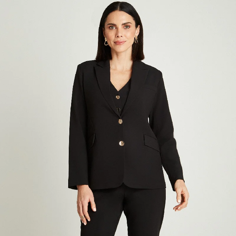 Plus Size Women's Faux Fur - Trimmed Blazers in Black for a Luxurious LookBlazer Negro Manga Larga Cuello Solapa Plus Size Women's Faux Fur - Trimmed Blazers in Black for a Luxurious LookBlazer Negro Manga Larga Cuello Solapa