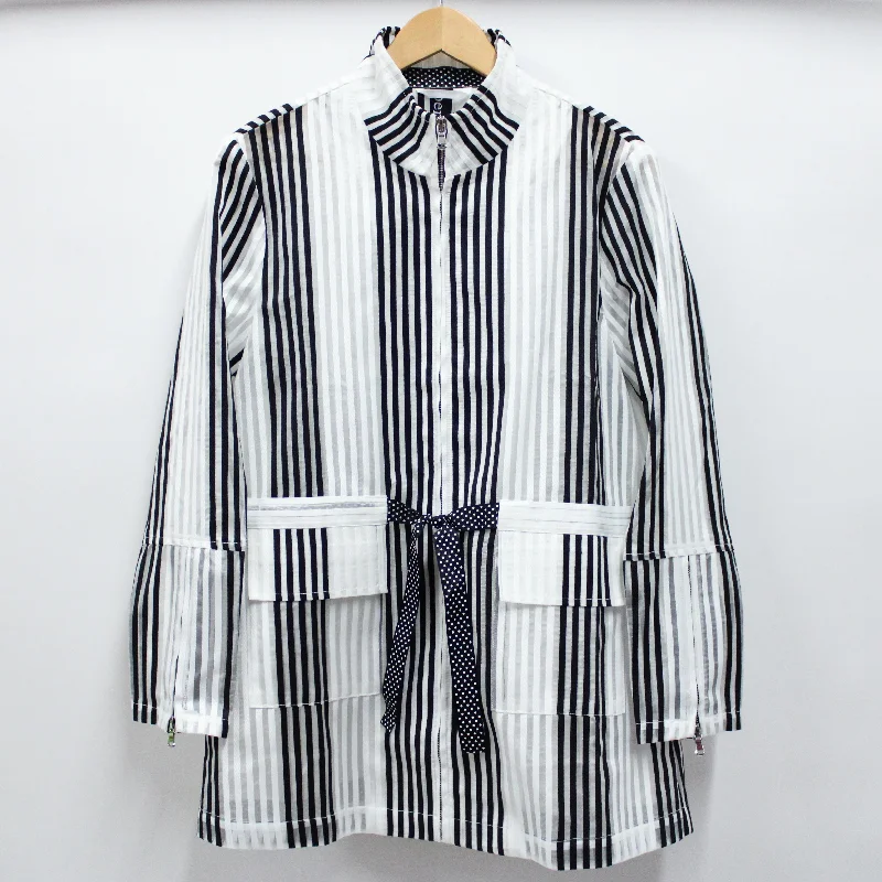 Women's Tailored Stretch Blazers in Navy Blue for Business MeetingsBold Vertical Stripe Cargo Topper Women's Tailored Stretch Blazers in Navy Blue for Business MeetingsBold Vertical Stripe Cargo Topper