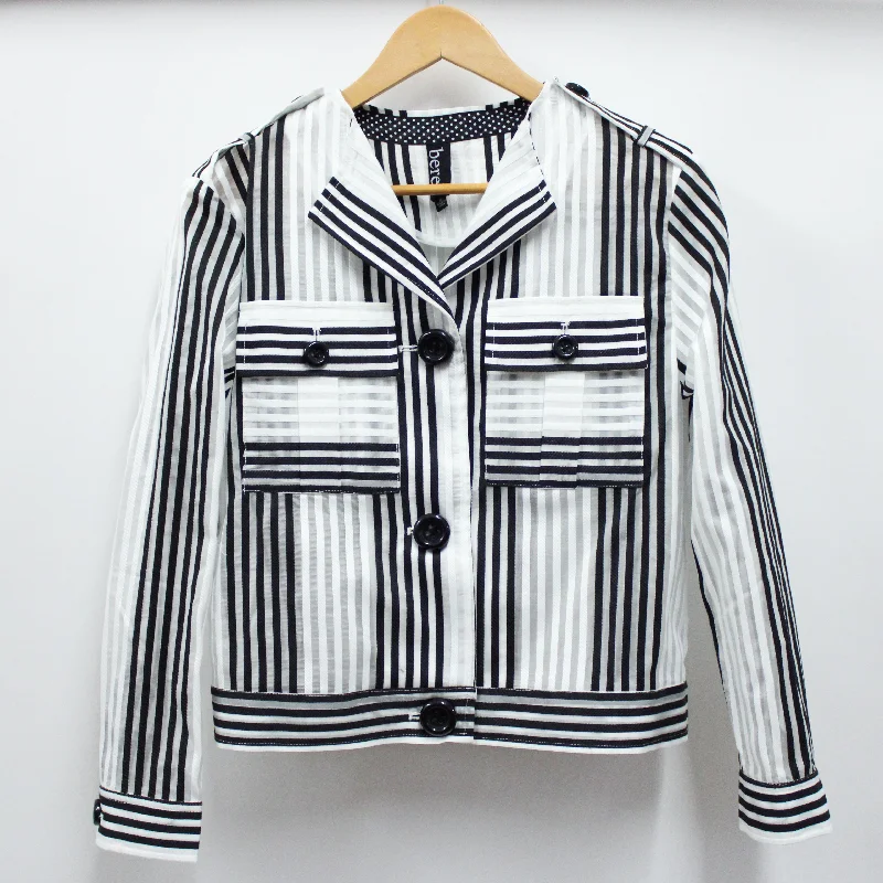 Double - Breasted Women's Leather Blazers in Taupe for an Edgy LookBold Vertical Stripe Crop Jacket Double - Breasted Women's Leather Blazers in Taupe for an Edgy LookBold Vertical Stripe Crop Jacket