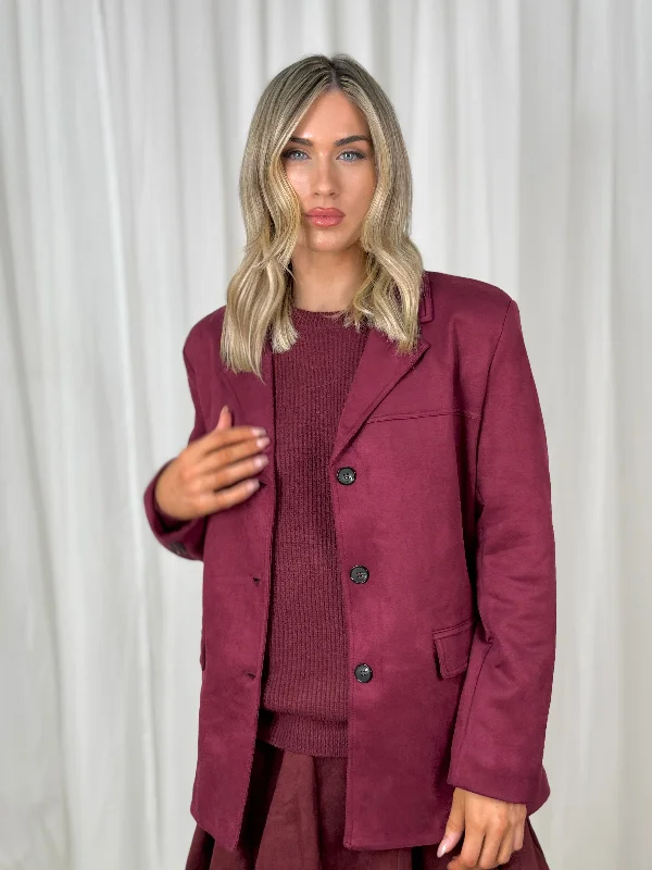 Oversized Women's Printed Blazers in Animal Patterns for a Statement PieceCaitlyn Triple Button Faux Suede Blazer In Wine Oversized Women's Printed Blazers in Animal Patterns for a Statement PieceCaitlyn Triple Button Faux Suede Blazer In Wine