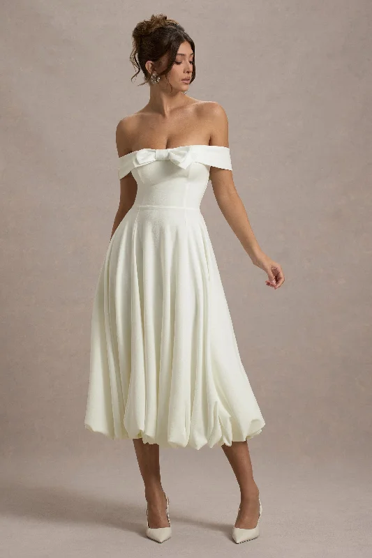 Sleeveless Women Dress in Bright Colors for Summer PartiesCalliopia | Cream Bow Bardot Midi Dress With Puff-Ball Skirt Sleeveless Women Dress in Bright Colors for Summer PartiesCalliopia | Cream Bow Bardot Midi Dress With Puff-Ball Skirt