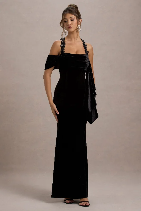 Wrap - Style Women Dress with Adjustable Fit for All Body TypesCharlize | Black Velvet Halter-Neck Draped Maxi Dress Wrap - Style Women Dress with Adjustable Fit for All Body TypesCharlize | Black Velvet Halter-Neck Draped Maxi Dress