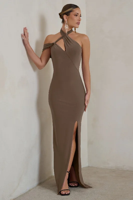 Mini Women Dress with a Short Hem for a Young and Trendy StyleClementine | Mocha Asymmetric Neckline Maxi Dress With Thigh Split Mini Women Dress with a Short Hem for a Young and Trendy StyleClementine | Mocha Asymmetric Neckline Maxi Dress With Thigh Split