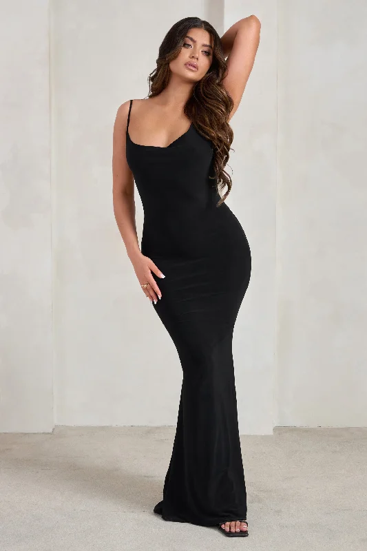 Ball Gown Women Dress with a Full Skirt for a Princess - like LookCorinne | Black Asymmetric Cowl Neck Backless Maxi Dress Ball Gown Women Dress with a Full Skirt for a Princess - like LookCorinne | Black Asymmetric Cowl Neck Backless Maxi Dress