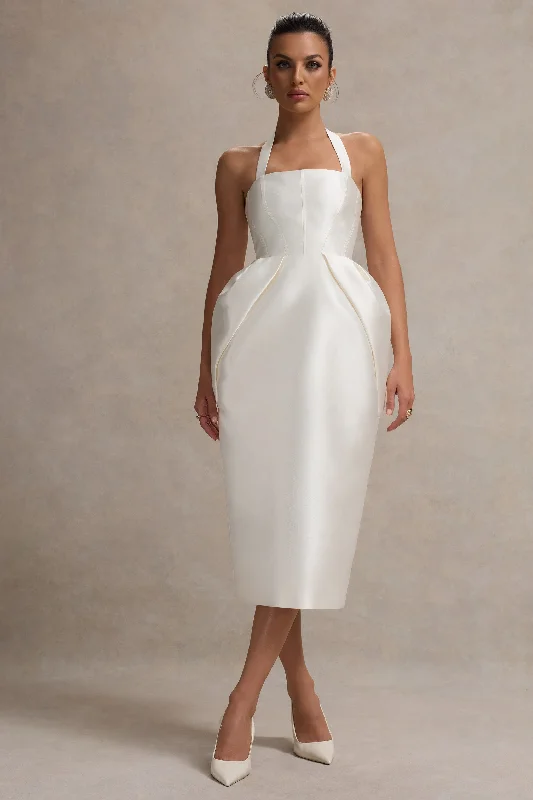 Backless Women Dress for a Sexy and Alluring Look at Evening EventsCosetta | White Halter-Neck Midi Dress With Tulip Skirt Backless Women Dress for a Sexy and Alluring Look at Evening EventsCosetta | White Halter-Neck Midi Dress With Tulip Skirt