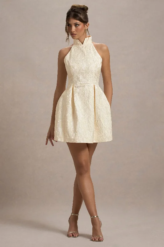 Off - the - Shoulder Women Dress for a Romantic and Feminine LookCosta | Ecru Jacquard High-Neck Mini Dress With Pleated Skirt Off - the - Shoulder Women Dress for a Romantic and Feminine LookCosta | Ecru Jacquard High-Neck Mini Dress With Pleated Skirt
