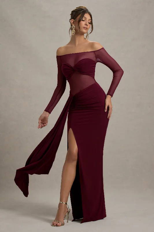 Sleeveless Women Dress in Bright Colors for Summer PartiesCover Star | Burgundy Mesh Bardot Long-Sleeve Draped Maxi Dress Sleeveless Women Dress in Bright Colors for Summer PartiesCover Star | Burgundy Mesh Bardot Long-Sleeve Draped Maxi Dress