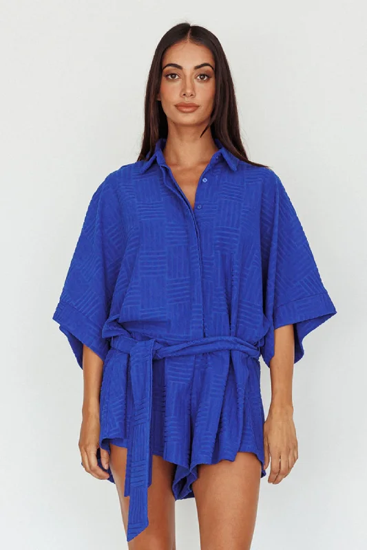 Off - the - Shoulder Women Dress for a Romantic and Feminine LookDaytona Beach Button-Up Romper Textured Blue Off - the - Shoulder Women Dress for a Romantic and Feminine LookDaytona Beach Button-Up Romper Textured Blue