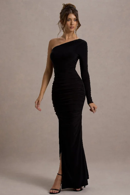 Pleated Women Dress with a Timeless and Elegant TextureDoll | Black Asymmetric One Sleeve Ruched Maxi Dress Pleated Women Dress with a Timeless and Elegant TextureDoll | Black Asymmetric One Sleeve Ruched Maxi Dress