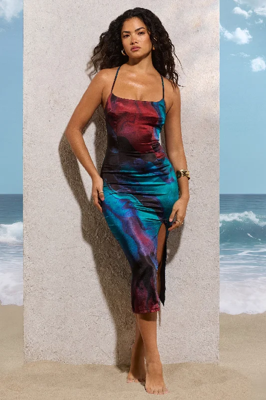 Maxi Women Dress with Floral Print for a Bohemian VibeDori | Blue Print Satin Lace-Up Split Midi Dress Maxi Women Dress with Floral Print for a Bohemian VibeDori | Blue Print Satin Lace-Up Split Midi Dress