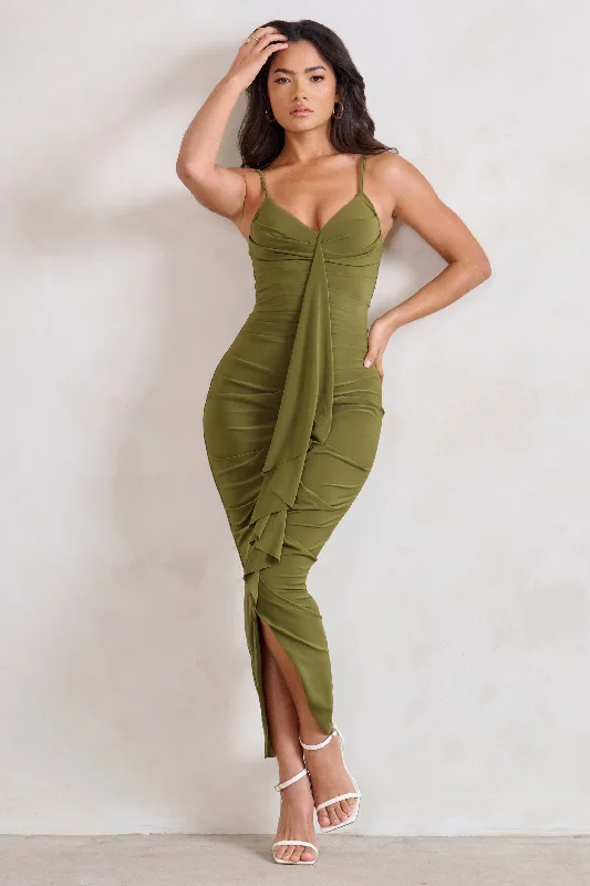 Mermaid - Style Women Dress with a Fitted Silhouette for Special OccasionsDorothy | Olive Green Plunge V Neckline Ruffle Midi Dress Mermaid - Style Women Dress with a Fitted Silhouette for Special OccasionsDorothy | Olive Green Plunge V Neckline Ruffle Midi Dress