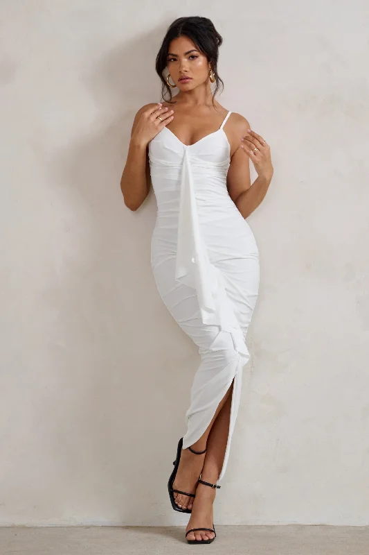 Ball Gown Women Dress with a Full Skirt for a Princess - like LookDorothy | White Plunge V Neckline Ruffle Midi Dress Ball Gown Women Dress with a Full Skirt for a Princess - like LookDorothy | White Plunge V Neckline Ruffle Midi Dress
