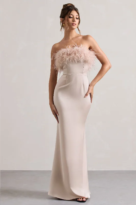 Empire Waist Women Dress to Accentuate the Bust and Conceal the WaistDress For It | Champagne Satin Strapless Feather Trim Maxi Dress Empire Waist Women Dress to Accentuate the Bust and Conceal the WaistDress For It | Champagne Satin Strapless Feather Trim Maxi Dress