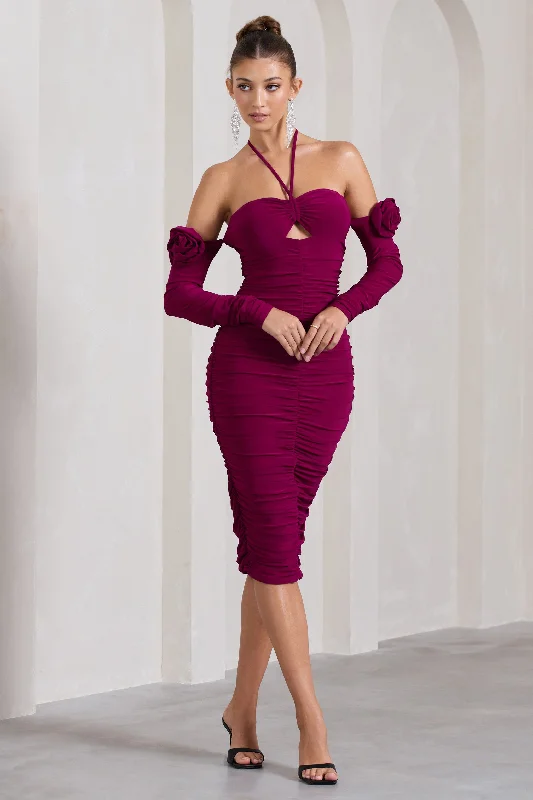 Empire Waist Women Dress to Accentuate the Bust and Conceal the WaistExtra Special | Dark Cherry Ruched Halter-Neck Midi Dress With Flowers Empire Waist Women Dress to Accentuate the Bust and Conceal the WaistExtra Special | Dark Cherry Ruched Halter-Neck Midi Dress With Flowers