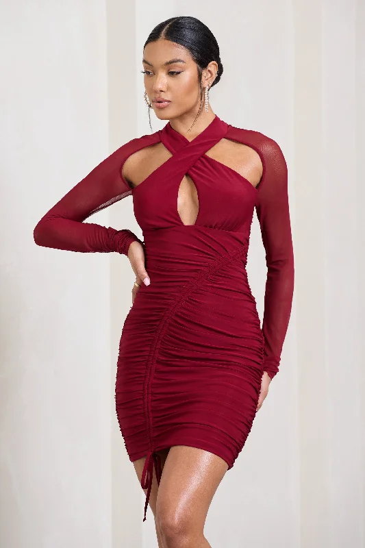 Backless Women Dress for a Sexy and Alluring Look at Evening EventsEyes On You | Berry Long Sleeve Halter Neck Mini Dress Backless Women Dress for a Sexy and Alluring Look at Evening EventsEyes On You | Berry Long Sleeve Halter Neck Mini Dress