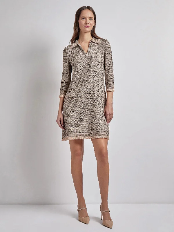 Pleated Women Dress with a Timeless and Elegant TextureFringe Trim Intarsia Knit Shift Dress Pleated Women Dress with a Timeless and Elegant TextureFringe Trim Intarsia Knit Shift Dress