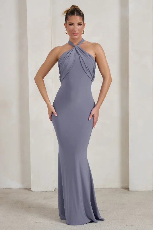 Strapless Women Dress with a Built - in Bra for Comfort and SupportGenevieve | Grey Twist High Neck Drape Detail Maxi Dress Strapless Women Dress with a Built - in Bra for Comfort and SupportGenevieve | Grey Twist High Neck Drape Detail Maxi Dress