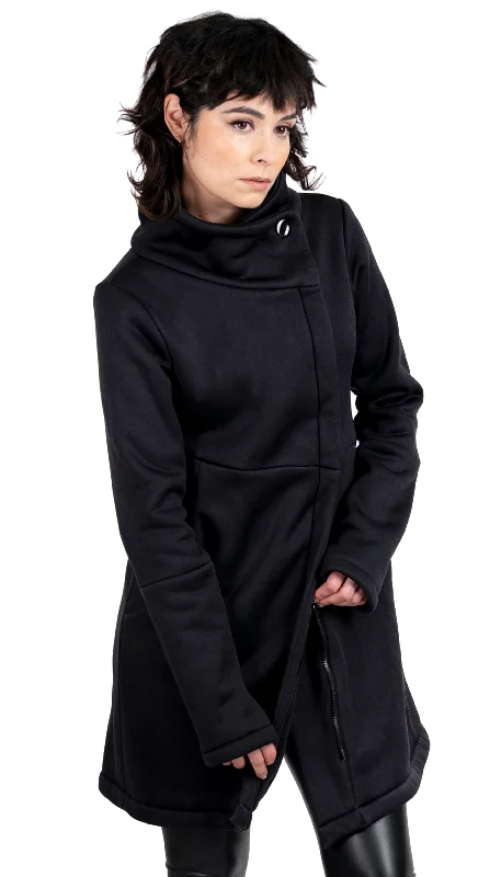 Double - Breasted Women's Leather Blazers in Taupe for an Edgy LookHigh Funnel Neck Angled Zip Recycled Polyester Jacket w/ Thumbholes Double - Breasted Women's Leather Blazers in Taupe for an Edgy LookHigh Funnel Neck Angled Zip Recycled Polyester Jacket w/ Thumbholes