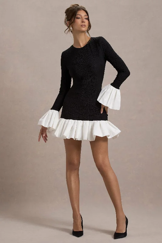 Plus Size Women Dress with a Flattering A - Line Cut for Comfort and StyleJosefina | Black Long-Sleeve Mini Dress With White Satin Trims Plus Size Women Dress with a Flattering A - Line Cut for Comfort and StyleJosefina | Black Long-Sleeve Mini Dress With White Satin Trims